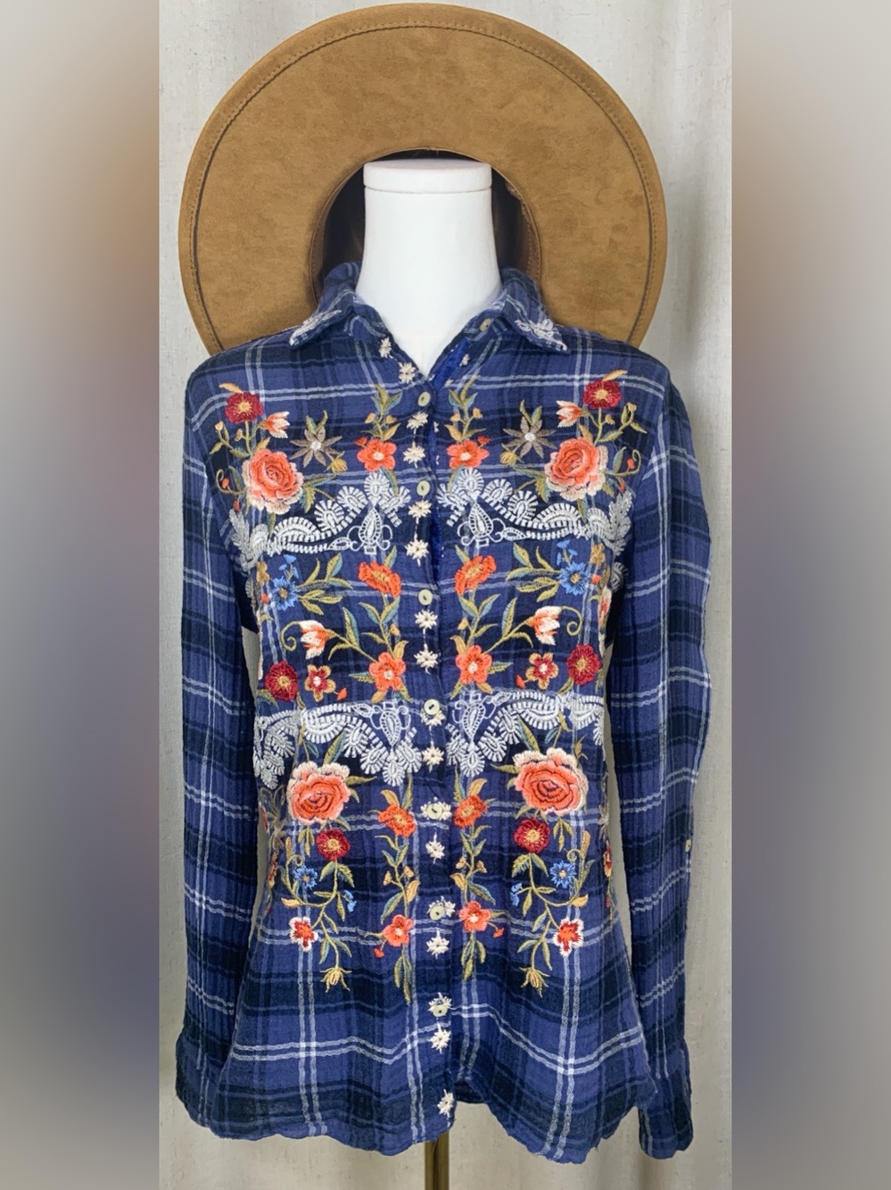Vintage Johnny Was Workshop Embroidered Plaid Button Front Shirt XS Boho Floral